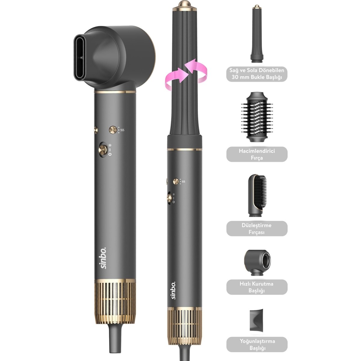 Sinbo Pro  Compact Uzun Multi-Styler Hava Üfleme 5in1 Bldc Saç Şekillendirici 1719 -Graphite Gray
