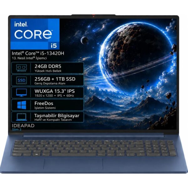 Lenovo Ideapad Slim 3 15IRH10 83K10062TR-10 Intel Core I5-13420H 24GB Ddr5 256GB+1TB SSD Wuxga 15.3" IPS 60Hz Freedos Taşınabilir Bilgisayar