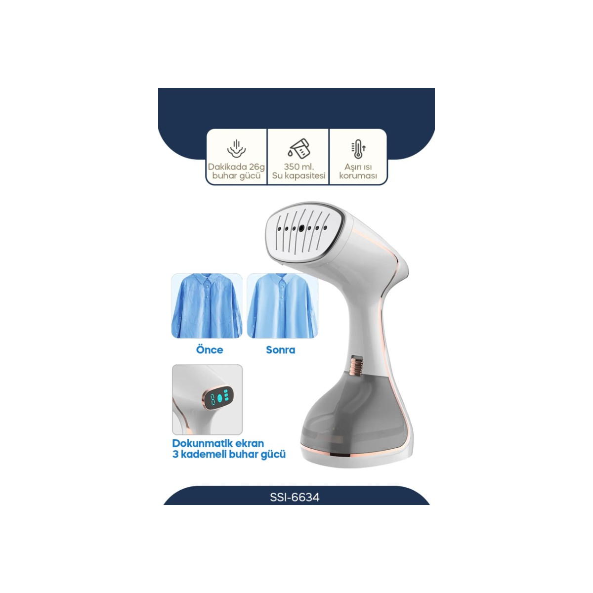 Sinbo SSI-6634 Dikey Buharlı Kırışıklık Giderici 1640W Beyaz Seramik Tabanlı Ergonomik Tasarım
