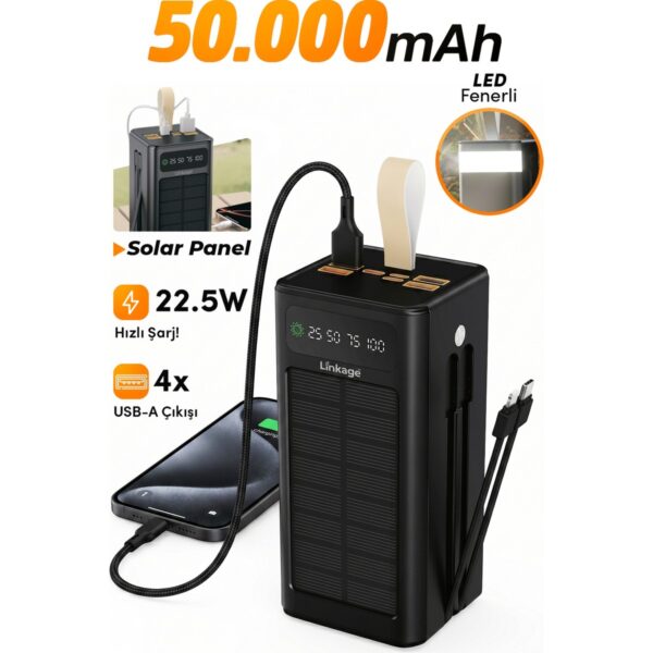 Linkage Lkp-47 50000MAH Solar Powerbank | Güneş Enerjili Taşınabilir Şarj Aleti | LCD Ekranlı, Çoklu Giriş & Çıkışlı, Kamp Işıklı
