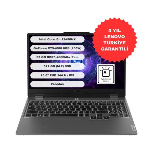 Lenovo LOQ 15IAX9 GTI32 Intel Core I5 12450HX 32GB 512GB SSD RTX4060 Freedos 15.6'' Fhd Taşınabilir Bilgisayar 83GS00PGTR