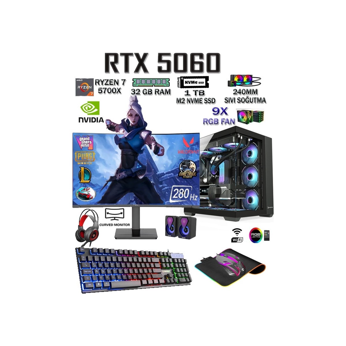 Teknocity Tcx1 Ryzen 7 5700X 32GB 1tb M.2 SSD RTX5060 27" 280HZ Sıvı Soğutmalı Oyuncu Bilgisayarı Hazır Sistem