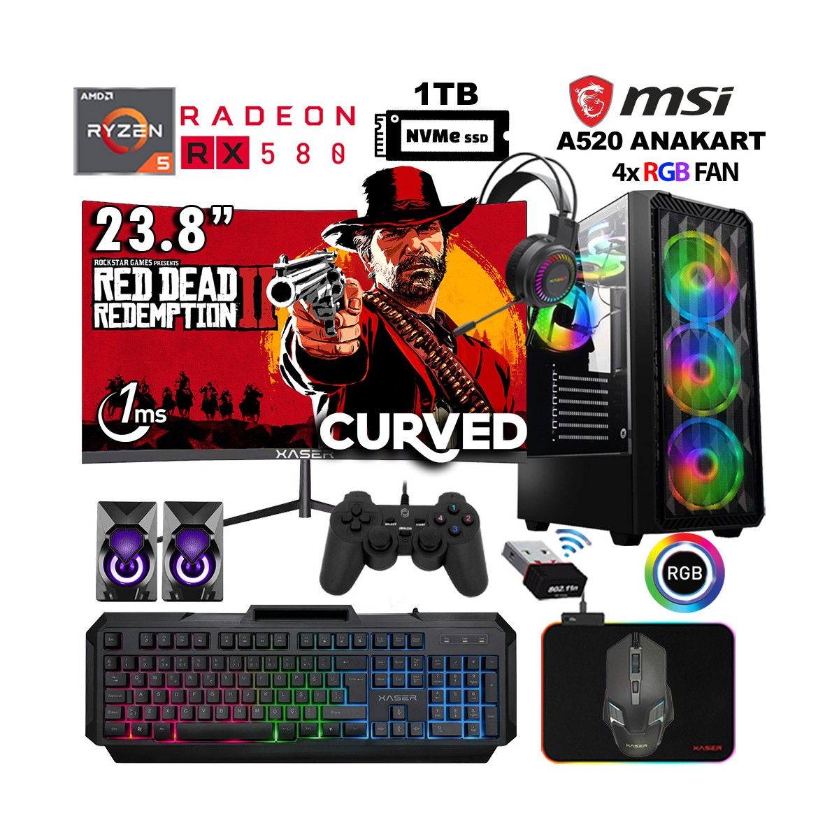 Xaser Armor X60 Ryzen 5 5500 32GB Ram 1tb M.2 SSD RX580 8gb 23.8" Oyuncu Masaüstü Bilgisayar