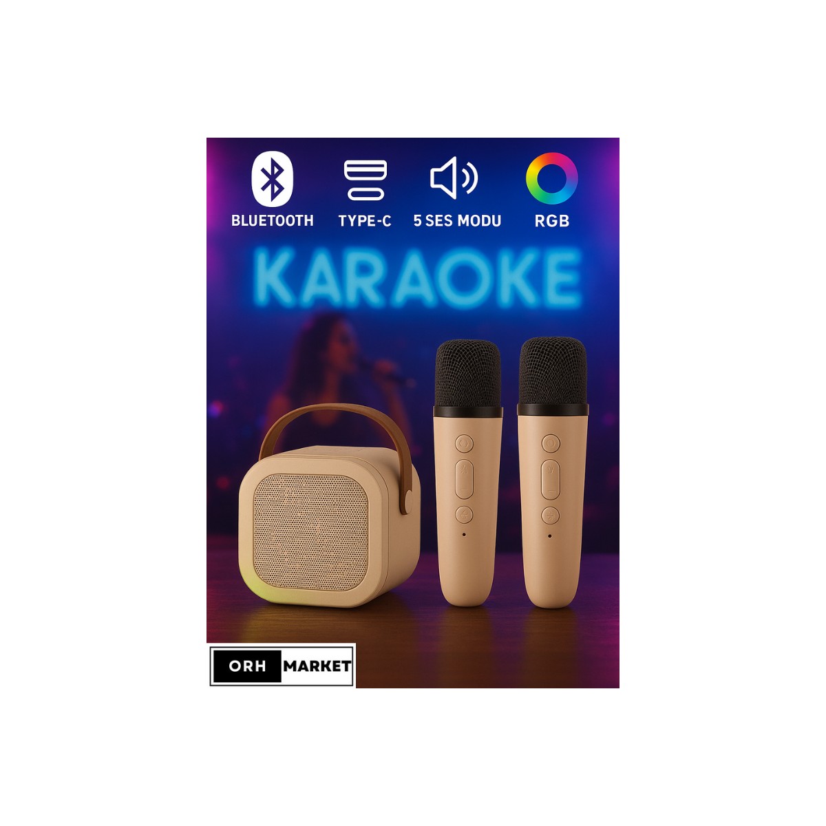ORH MARKET Çift Mikrofonlu Kablosuz Karaoke Bluetooth Rgb Işıklı Taşınabilir Hoparlör