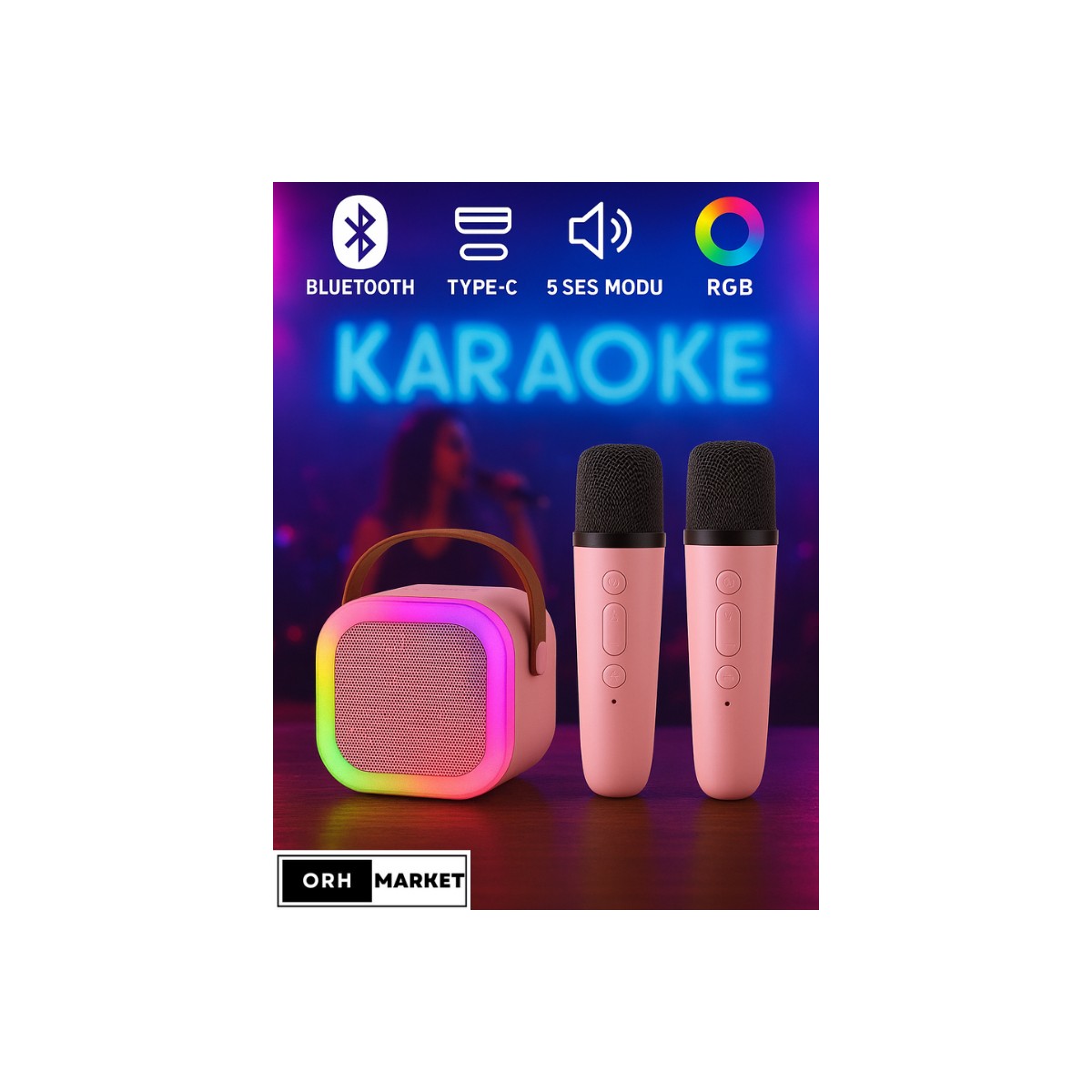 ORH MARKET Çift Mikrofonlu Kablosuz Karaoke Bluetooth Rgb Işıklı, Taşınabilir, Usb/sd Destekli Parti Hoparlörü