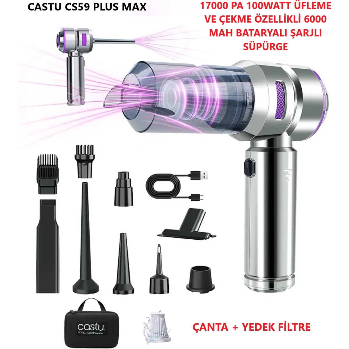 Castu CS59 Plus Max 17000 Pa 100 Watt Şarjlı Süpürge