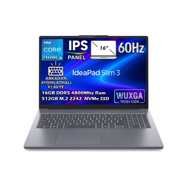 Lenovo Ideapad Slim 3 16IRH10 Intel Core I5-13420H 16GB 512GB SSD 16" WUXGA (1920X1200) IPS Panel Freedos Taşınabilir Dizüstü Bilgisayar 83K20073TR