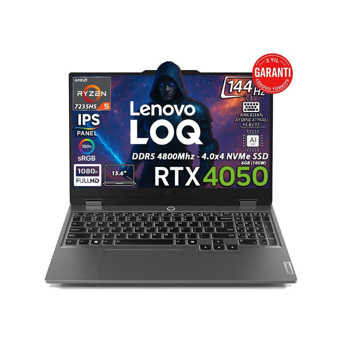 Lenovo LOQ AMD Ryzen 5 7235HS 16GB 512GB SSD RTX4050 Freedos 15.6" FHD 144Hz Oyuncu Taşınabilir Bilgisayar 83JC00H4TR