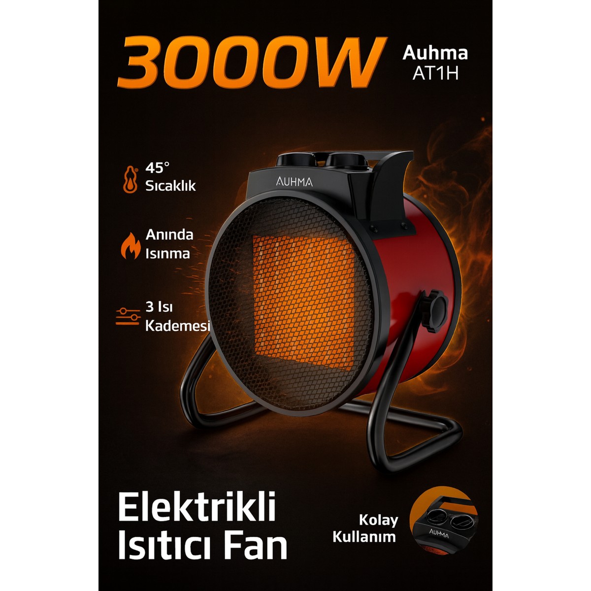 Auhma AT1H Elektrikli Isıtıcı Fan Kırmızı | 3000W Hızlı Isınma, 3 Kademeli Ayar, Sessiz Ptc Isıtma Teknolojisi