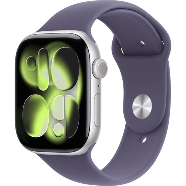 Apple Watch Series 11 Gps, 46 mm Gümüş rengi Alüminyum kasa ve Sis moru Spor kordon  - S/m