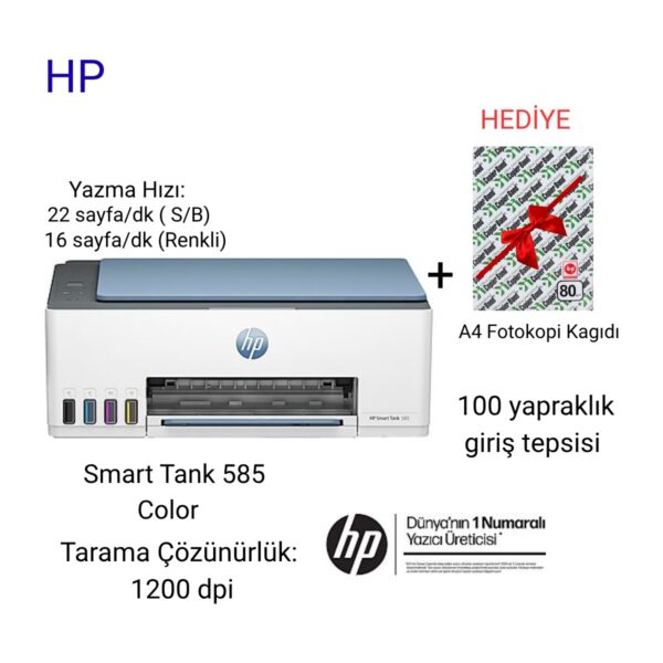 Hp Smart Tank 585 Baskı, Fotokopi, Tarama, Wireless, All-In-One Yazıcı+1 Pk. A4 Fotokopi Kağıdı Hediye