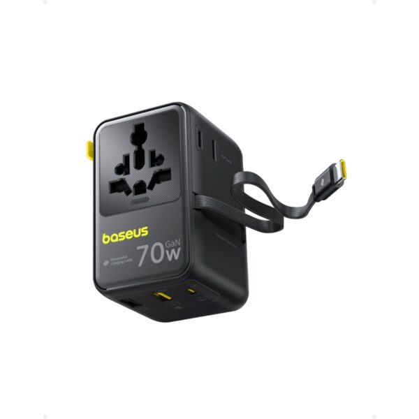Baseus Enercore CG11 Super Hızlı Universal Seyahat Adaptörü Çekmeli Kablolu 2AC+2U+2C 70W Siyah