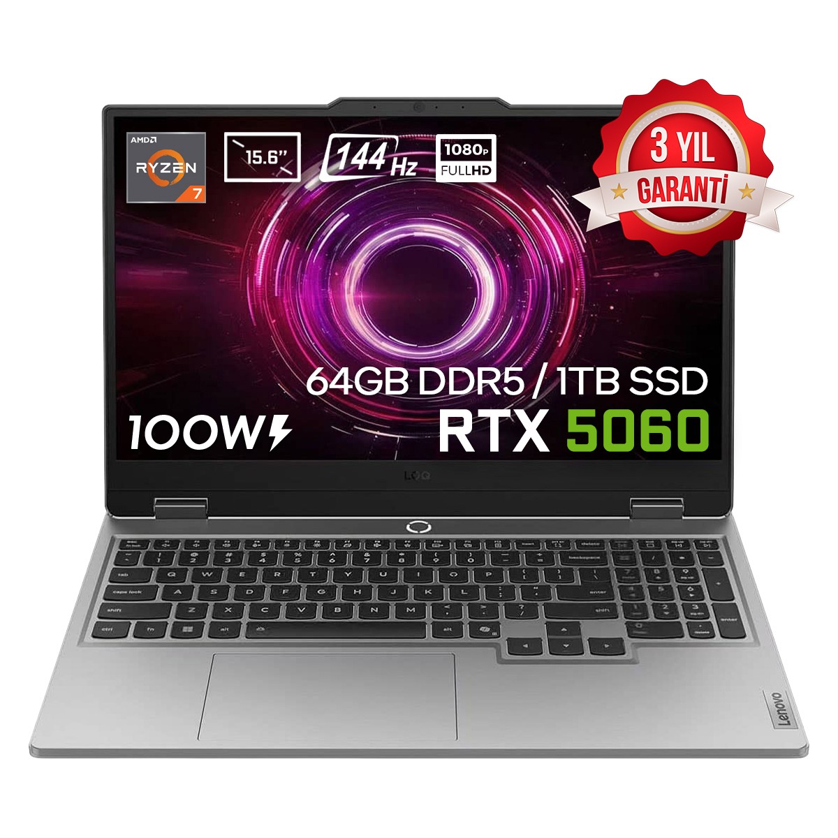 product-HBCV0000C7IA9O-1 Lenovo LOQ 15AHP10 AMD Ryzen 7 250 64GB DDR5 1TB SSD RTX 5060 8GB 100W 15.6 inç Full HD 144Hz IPS FreeDos Gaming Laptop (83JG008UTRv4) - Görsel 1