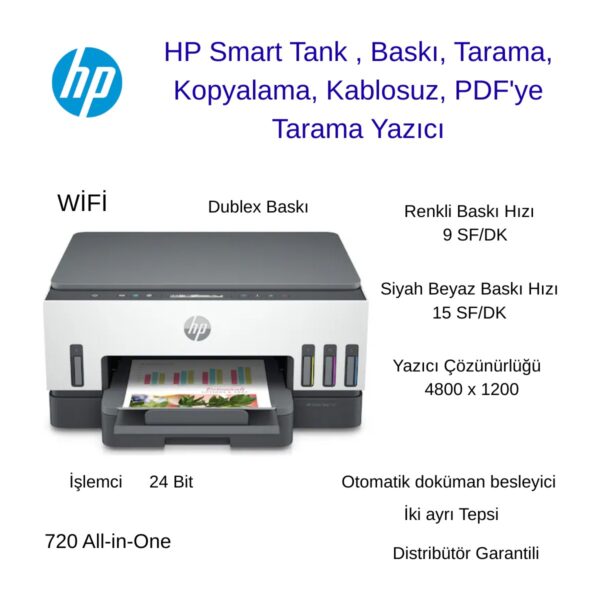 Hp Smart Wi-Fi All-In-One , Tanklı , Baskı, Tarama, Kopyalama, Kablosuz, Pdf'ye Tarama Yazıcı+ Paket ( A4+A5 )Kağıt Hediye