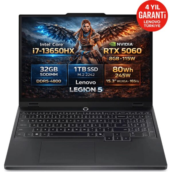 Lenovo Legion 5 15IRX10 Intel Core i7-13650HX 32GB 1TB SSD RTX 5060 8GB 15.3" WUXGA (1920X1200) IPS 165Hz 115W Freedos Taşınabilir Bilgisayar 83LY00PYTR