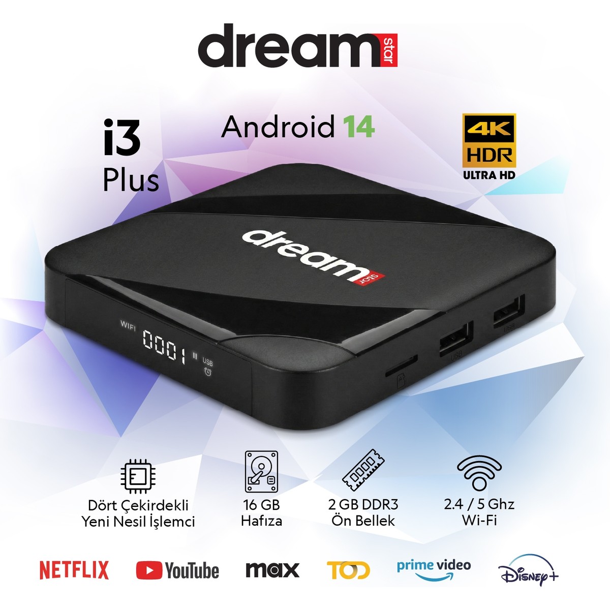 Dreamstar i3 Plus | 4K Android TV Box | Android 14 | Sesli Komut Desteği | 5Ghz Wi-Fi | 1 MT HDMI Kablo Hediyeli