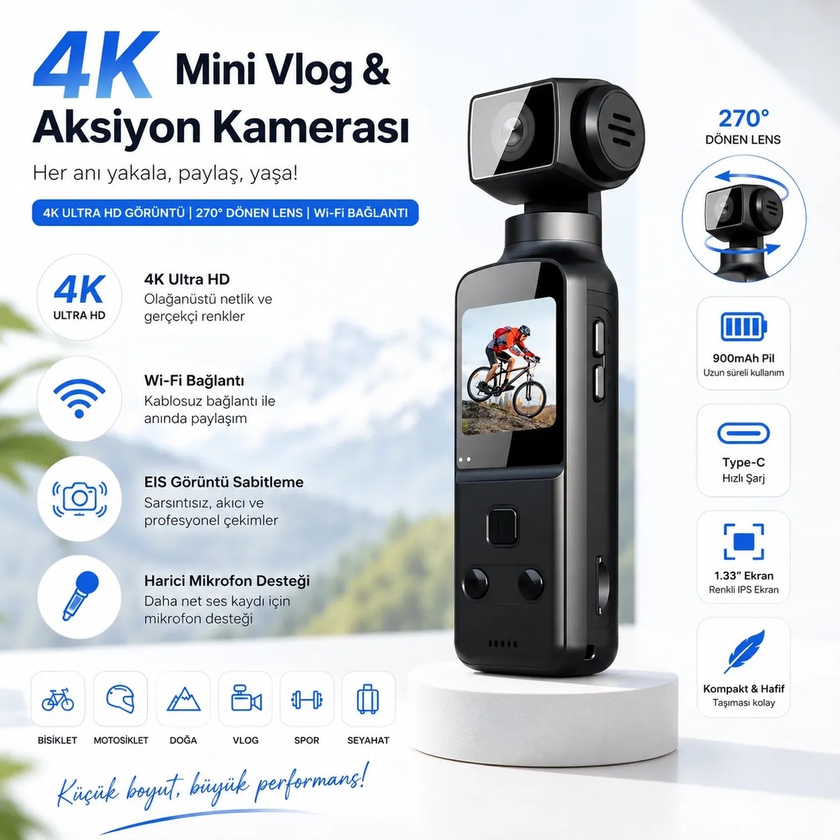 Tarçın 4K Ultra Hd Mini Aksiyon Kamerası | Wi-Fi , 270° Döner Lens, Eıs Stabilizasyon