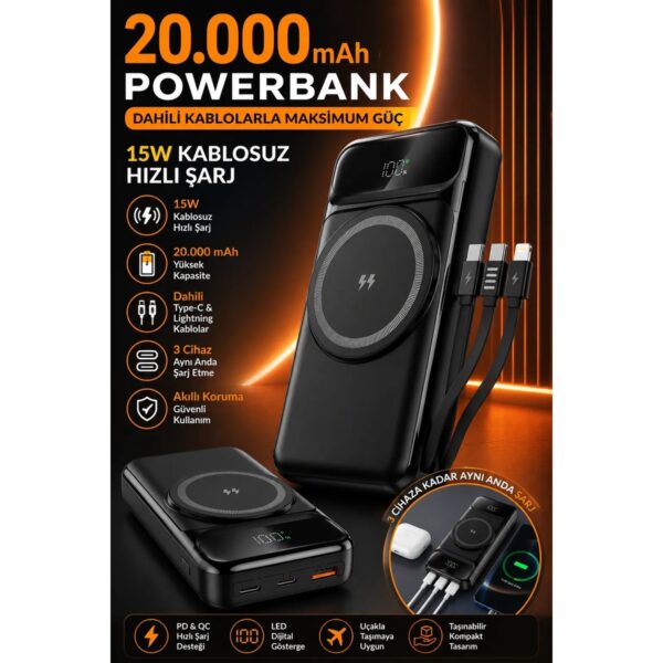 Matechno 20.000 mAh Powerbank Dahili Type-C & Lightning Kablolu, 15W Kablosuz Magsafe Şarj Cihazı