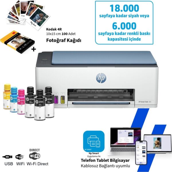 Hp Renkli Tanklı Mürekkep Püskürtmeli Yazıcı Wi-Fi Kablosuz Baskı Tarama Fotokopi LCD Ekranlı Airprint ve Mopria Destekli Yüksek Kapasiteli Tank Yazıcı