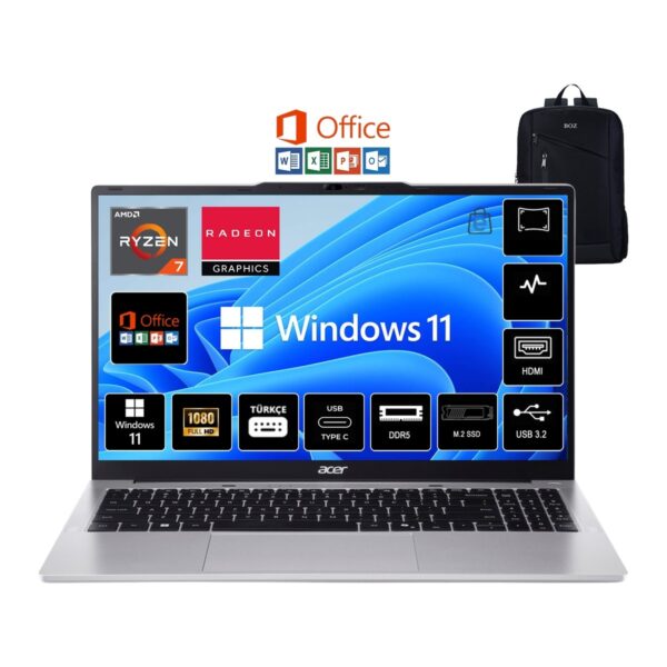 Acer Aspire Go AG15-41 Amd Ryzen 7 7735HS 16GB 512GB SSD Windows 11 Pro 15.6'' Fhd Taşınabilir Bilgisayar NX.J7FEY.002 + Boz Çanta