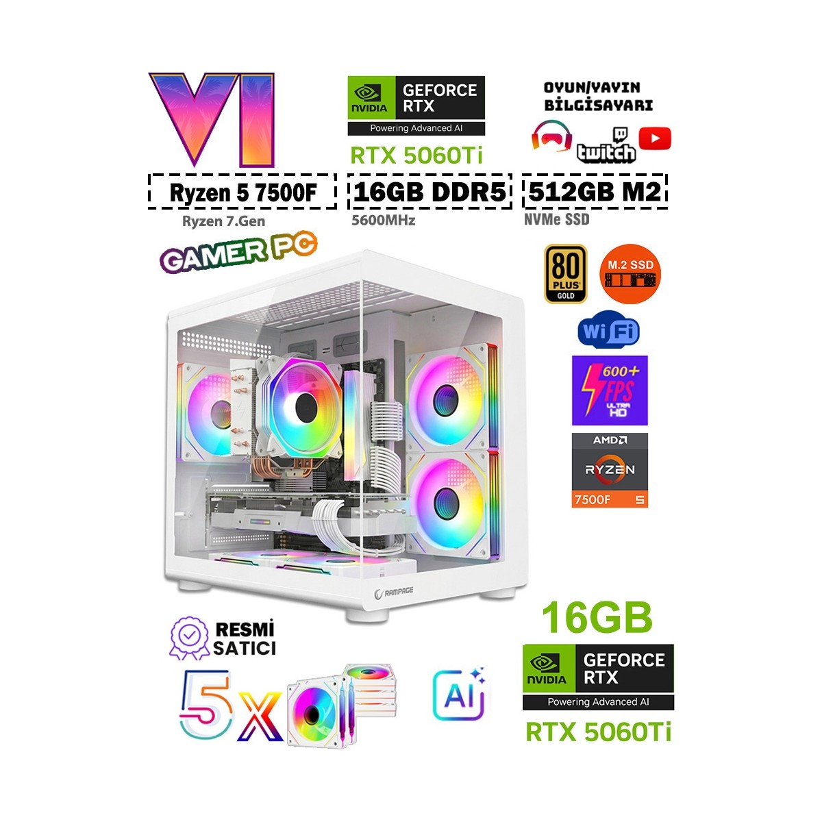 Zeiron Mohawk White Amd Ryzen 5 7500F-MSI A620M-B/GEFORCE RTX 5060Ti 16GB X2 ICE/512GB M.2/16GB DDR5 Beyaz-Oem Oyuncu Paket