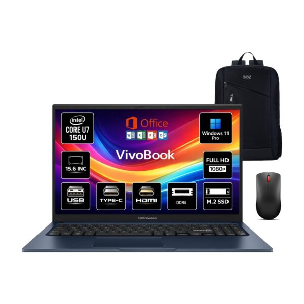 Asus Vivobook 15 Core 7 150U 16 GB 2 Tb SSD 15.6'' Windows 11 Pro X1504VA-BQ5456 Notebook +Boz Çanta ve Mouse