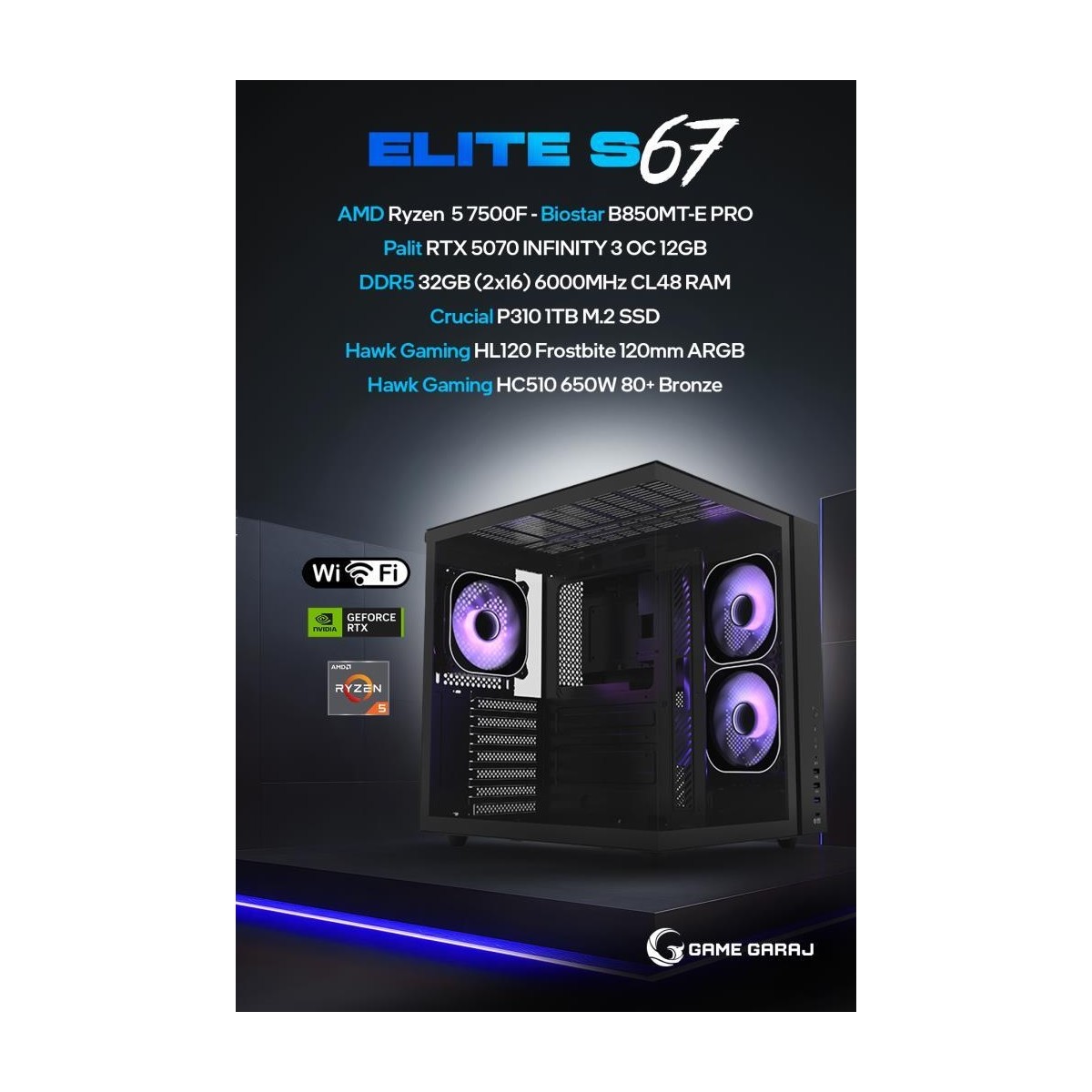 Game Garaj Elite S67 Amd R5 7500F 32GB Ram 1tb SSD RTX5070 120MM Sıvı Soğt Freedos Oyuncu Oem Paket