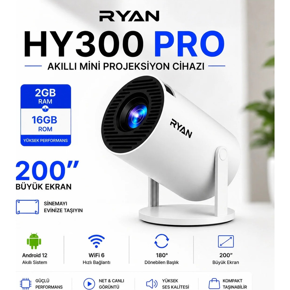 Ryan Akıllı Mini Projektör Ev Sinema Projeksiyon Cihazı 2gb Ram 16GB Rom HY300 Pro