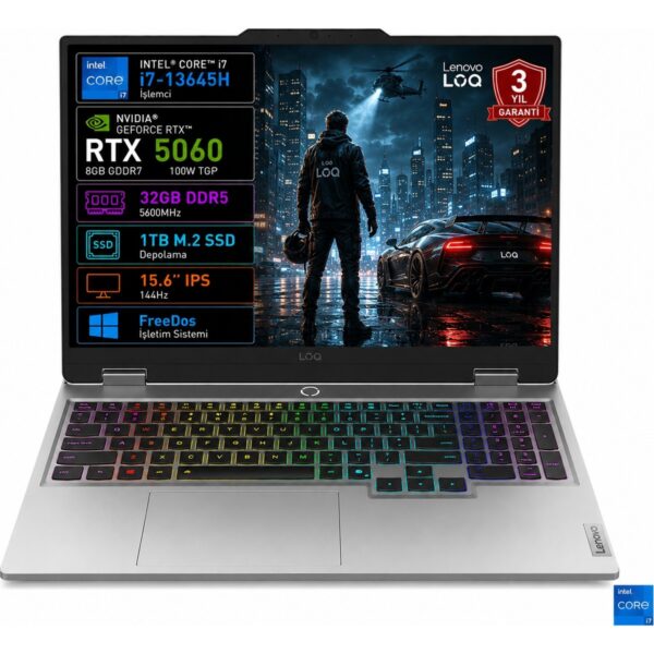 Lenovo Loq 15IRX10 83JE01BETR-02 I7-13645HX 32GB 1tb SSD RTX5060 8gb Tgp 100W 15.6" IPS 144Hz Freedos Taşınabilir Bilgisayar