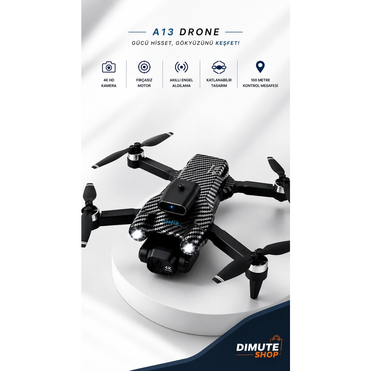 Dimute Shop A13 Drone 4K Hd Kameralı Fırçasız Motor Akıllı Engel Sensörlü Katlanabilir Drone