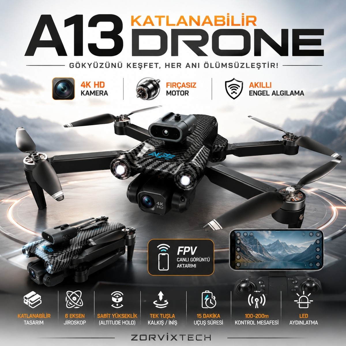 Zorvix Tech A13 Katlanabilir Drone 4K Hd Kamera Akıllı Engel Algılama Fırçasız Motorlu