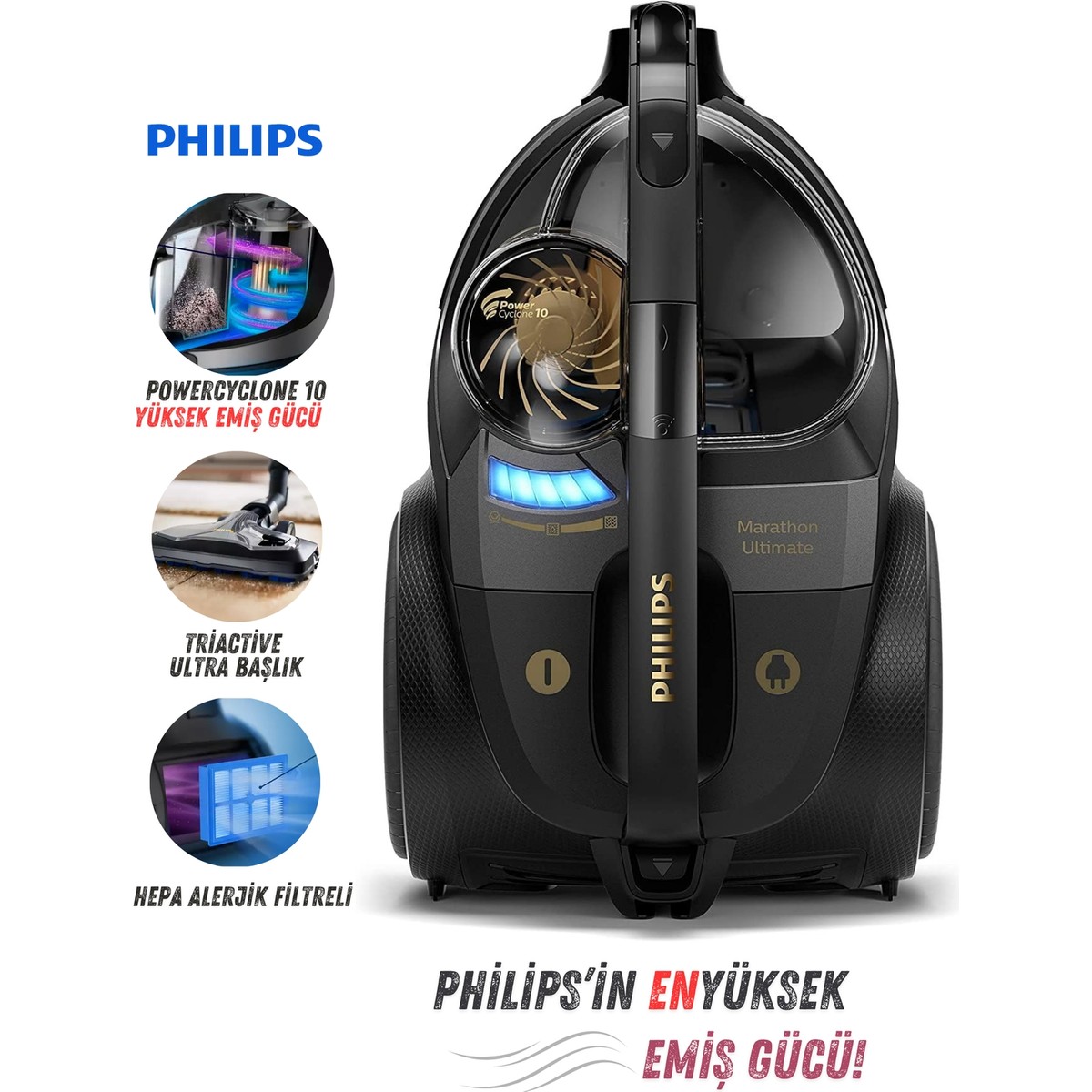 Philips Yüksek Güçlü Emiş Performanslı Torbasız Elektrikli Süpürge, Powercyclone 10 Teknolojisi, 2,2 L Toz Haznesi ve Triactive Ultra Başlık + Tiftik Cihazı