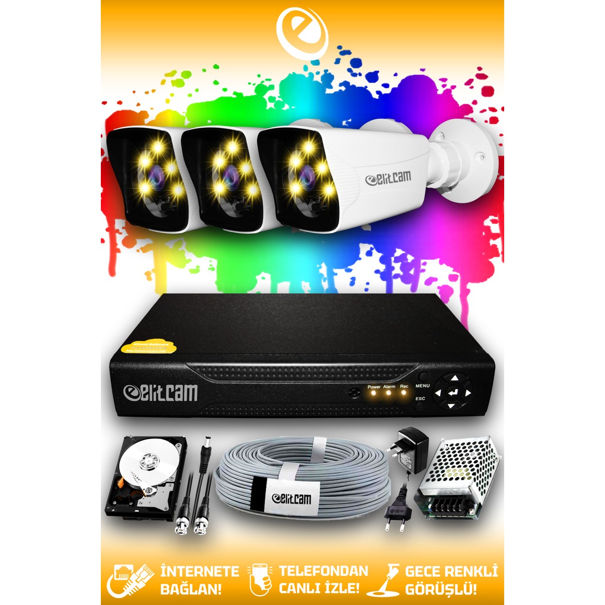 Elitcam 3 Kameralı Kare 3 Dış Kamera Set 320 GB HDD Full HD Renkli Gece Görüşlü Güvenlik Kamerası Sistemi