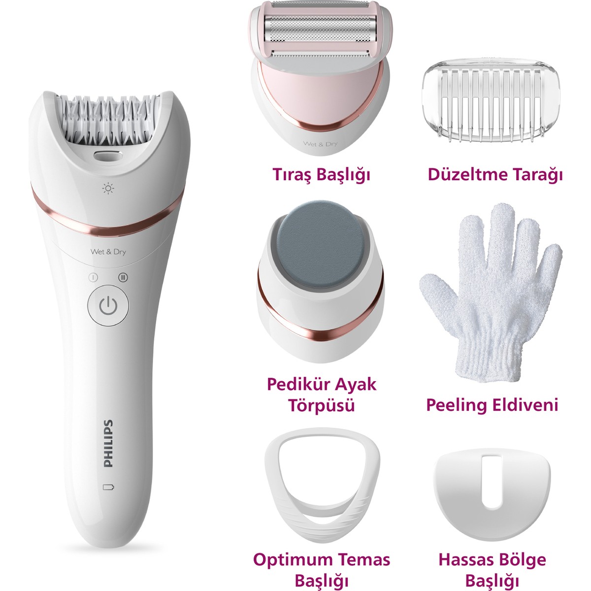 Philips BRE730/05 Epilatör (Yüz+Koltuk alti+Bikini Bölgesi+Bacak)Islak-Kuru,Işıklı,Kablosuz